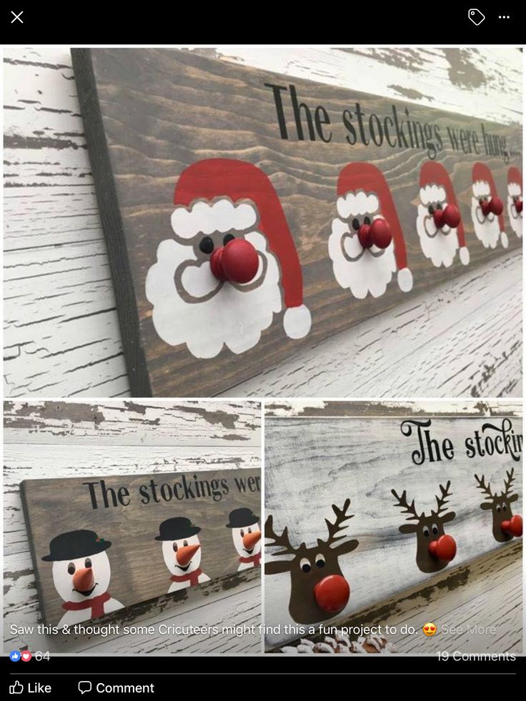 an image of christmas decorations on the side of a wooden sign with santa and snowmen