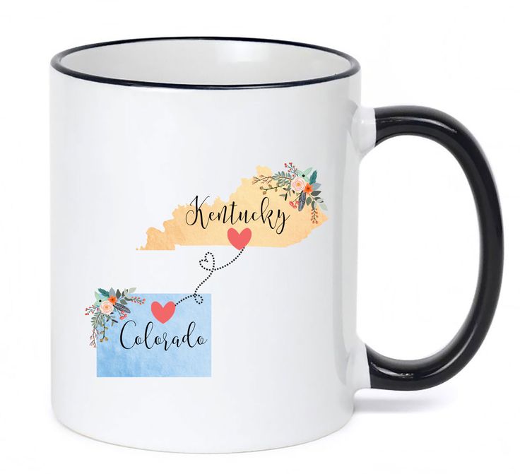 a white and black coffee mug with the words kentucky on it's bottom corner