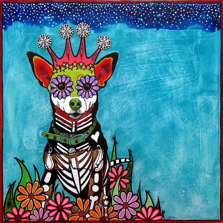 a painting of a dog wearing a tiara with flowers on it's head