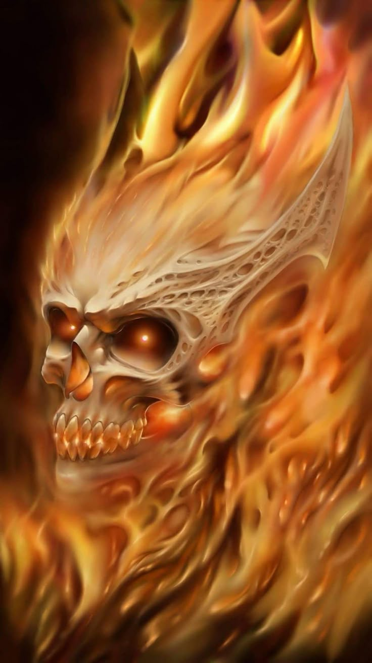 a painting of a skull with flames on it's face and head in the background