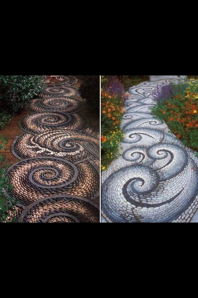 two pictures side by side with different types of stone walkways in the same area