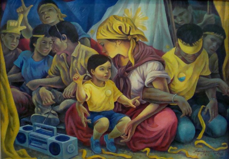 a painting of a woman and child sitting on the ground with other people around her