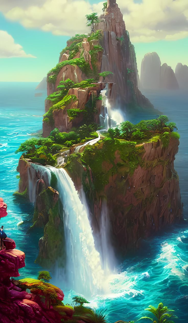 a painting of a waterfall in the middle of an island with trees on it and people standing near by