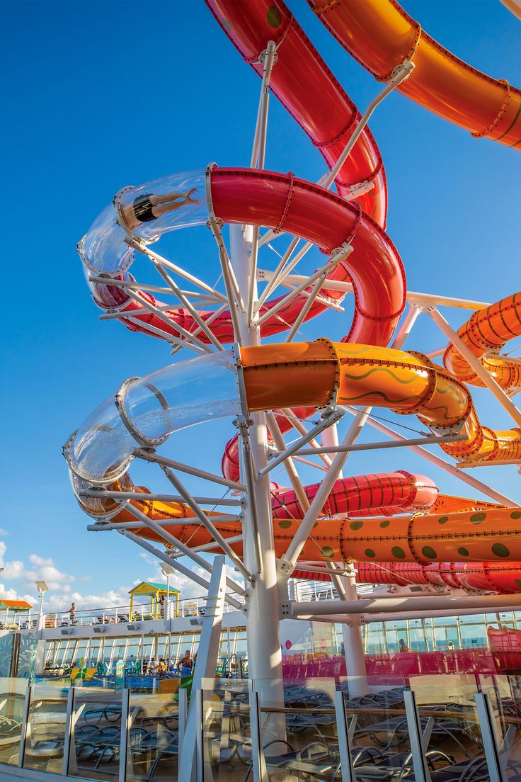 the water slide is red, orange and yellow