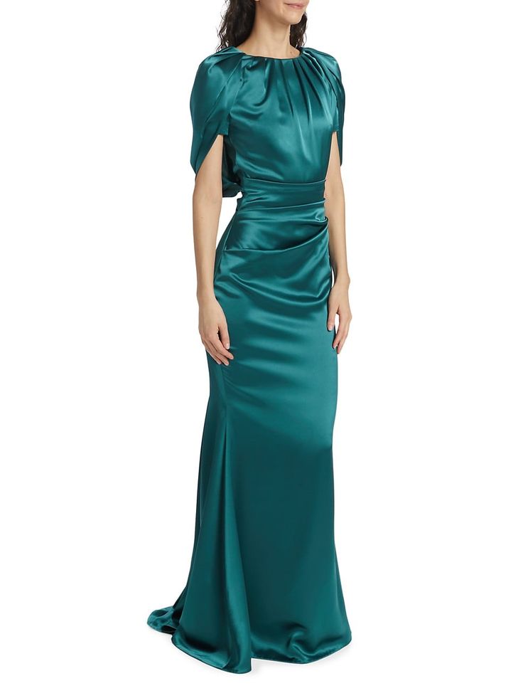 Shop Talbot Runhof Satin Cape-Back Gown | Saks Fifth Avenue African Ankara Dresses, Silk Bridesmaids Dresses, Isle Wedding, Blonde Bob Haircut, Mog Dresses, Talbot Runhof, Mother Of The Bride Dresses Long, Teri Jon, Mermaid Evening Gown