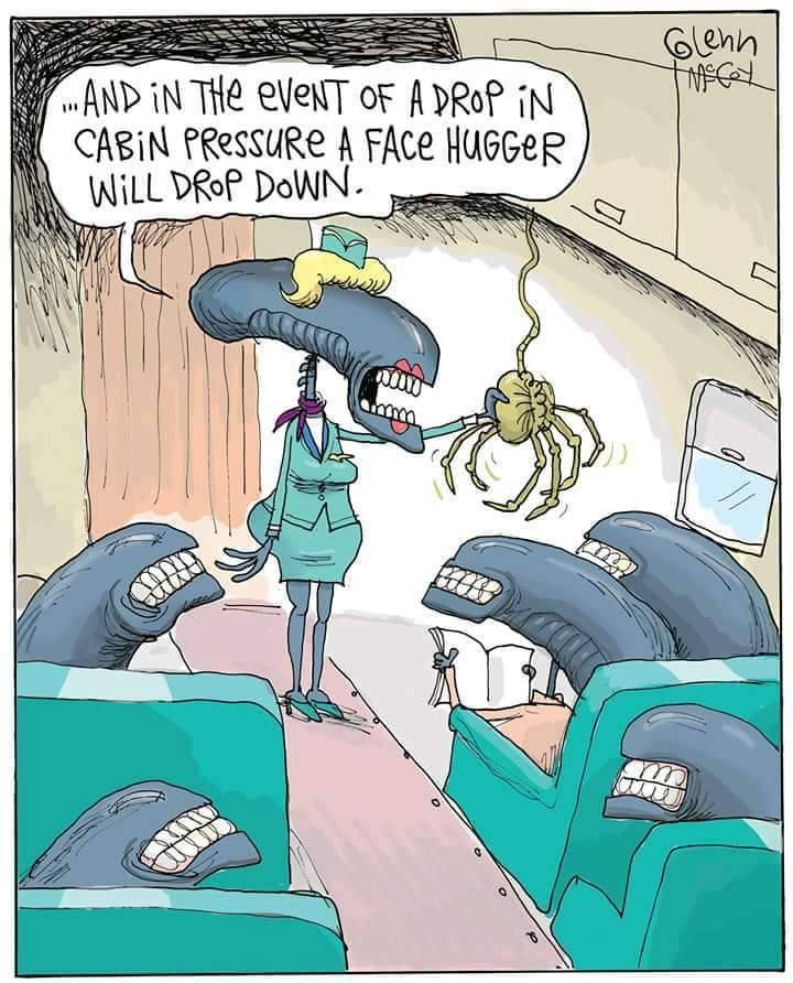 a cartoon depicting a woman in an airplane with a giant spider on her head and the caption says, and in the event of a drop in cabin pressure a face huge huger will deep down