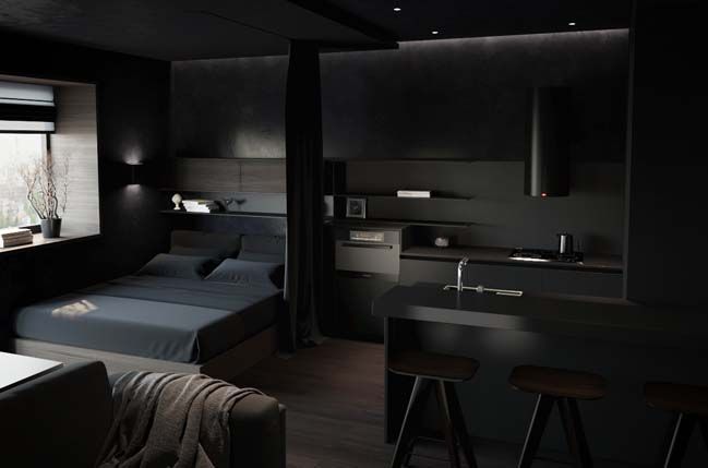 a dark room with two beds and stools