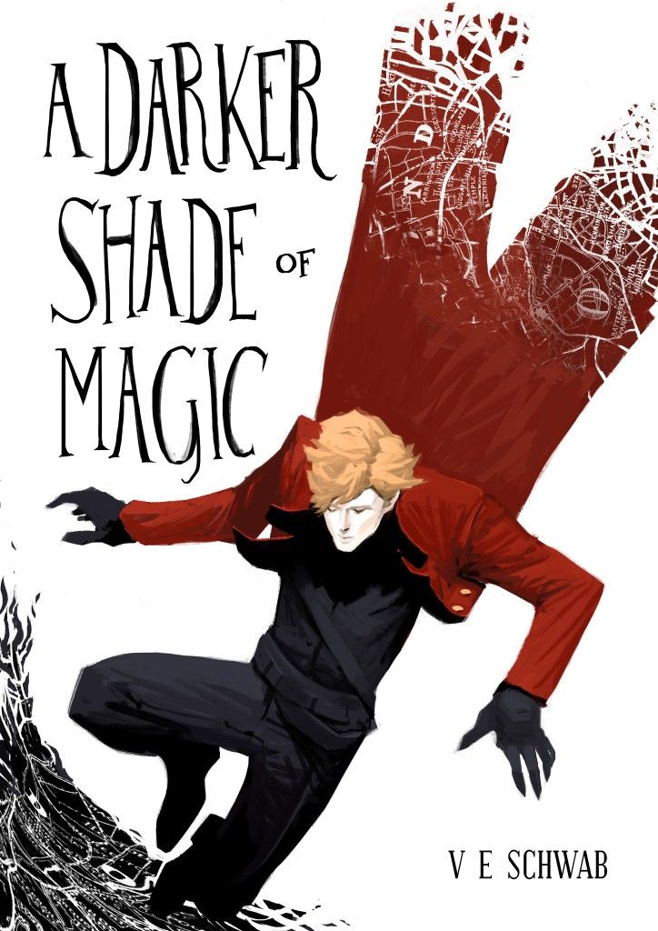 a darker shade of magic book cover with an illustration of a man falling from a giant hand