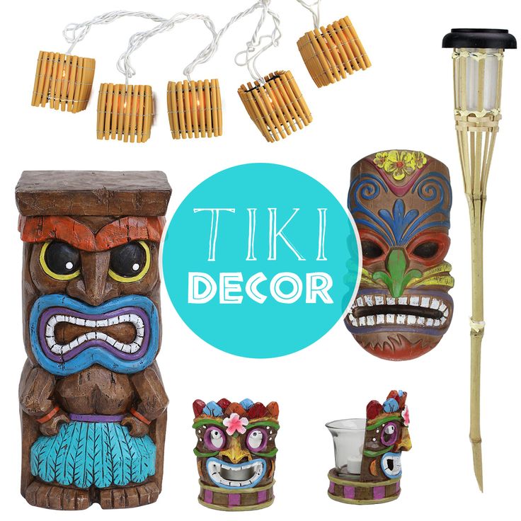 tiki decor is displayed with toothpicks and other items in front of a white background