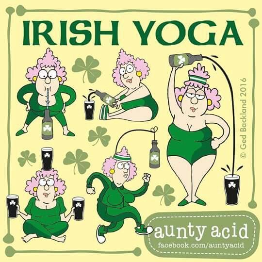 an irish yoga poster with four women in green outfits and shamrocks on the side