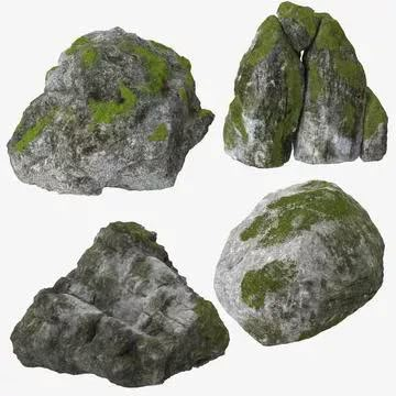 four rocks with moss growing on them, all in different stages of formation and shape