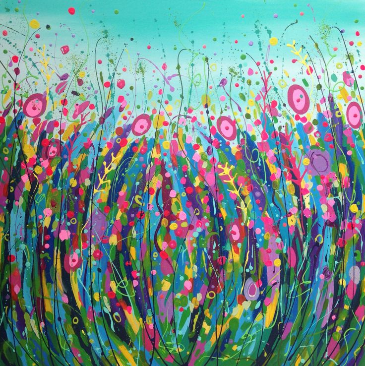 an abstract painting with colorful flowers and grass