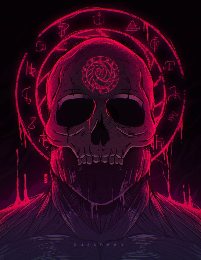 a skull with a rose on its forehead in front of a black background and red neon lights