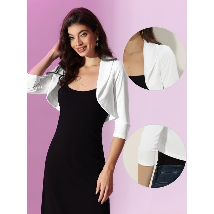 This elegant and formal shrug is the perfect addition to your fall wardrobe. It is versatile and can be worn on many occasions, such as at the office, work, business meetings, or even a cocktail party. The shrug's classic silhouette features an open neck and elegant three-quarter sleeves, which add to its charm and sophistication. To achieve a casual weekend look, you can match it with everyday skirts or dresses. The shrug complements elegant cami dresses and pairs well with sandals, making it a Elegant Fitted Cardigan For Weddings, Elegant Long Sleeve Formal Shrug, Fitted Formal Shrug For Fall, Elegant Fitted Solid Shrug, Elegant Open Front Shrug For Spring, Elegant White Open Front Cardigan, Elegant Fitted Cardigan, White Elegant Formal Cardigan, Spring Formal Fitted Shrug