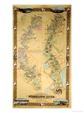 an old map of the mississippi river and its surrounding area, with two trains on it