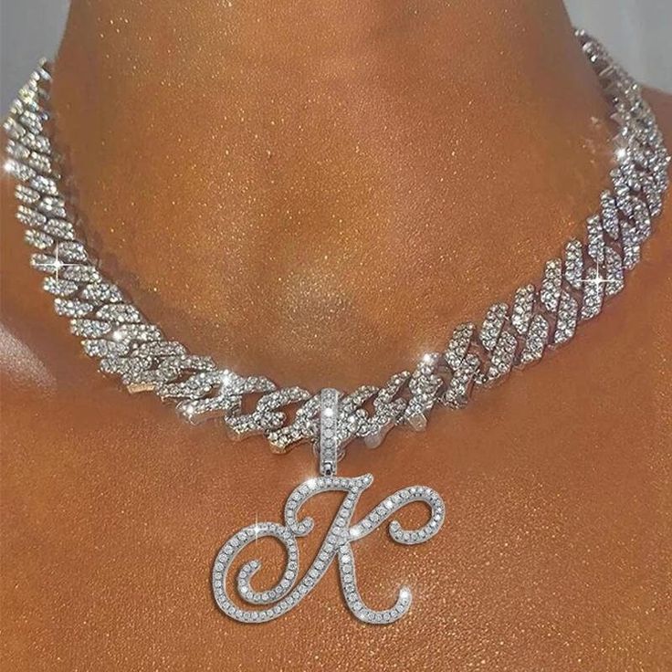 beautiful diamond letter K chain Silver Diamond Initial Pendant Necklace, Silver Diamond Initial Necklace Fine Jewelry, Silver Initial Necklace With Diamond Accents, Silver Diamond Initial Necklace In Fine Jewelry Style, Silver Diamond Initial Necklace With Diamond Accents, Silver Diamond Initial Necklace With Accents, Luxury Silver Name Necklace With Diamond Accents, Luxury Silver Diamond Name Necklace, Personalized Diamond Cuban Link Necklace