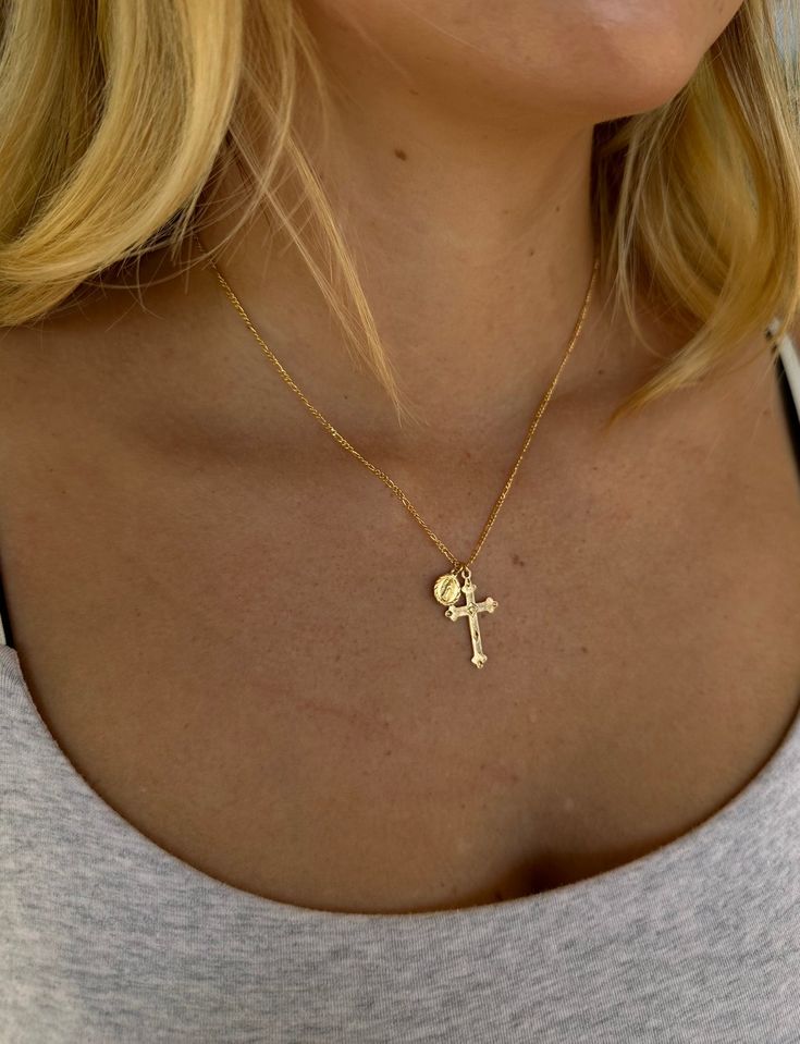 Handmade Gold Filled Chain, Cross Charm, and Mother Mary Charm Necklace. Truly Blessed Jewels is Handmade Jewelry that is customizable and personalized to fit your lifestyle. We design high quality jewelry at an affordable price. Shop our Gold Filled Jewelry Online & in store in Scottsdale, AZ. Gold Crucifix Necklace, Miraculous Medal Necklace, Dainty Cross Necklace, Cross Necklace Women, Cross Jewelry Necklace, Crucifix Necklace, Christian Necklace, Gold Cross Necklace, Dope Jewelry