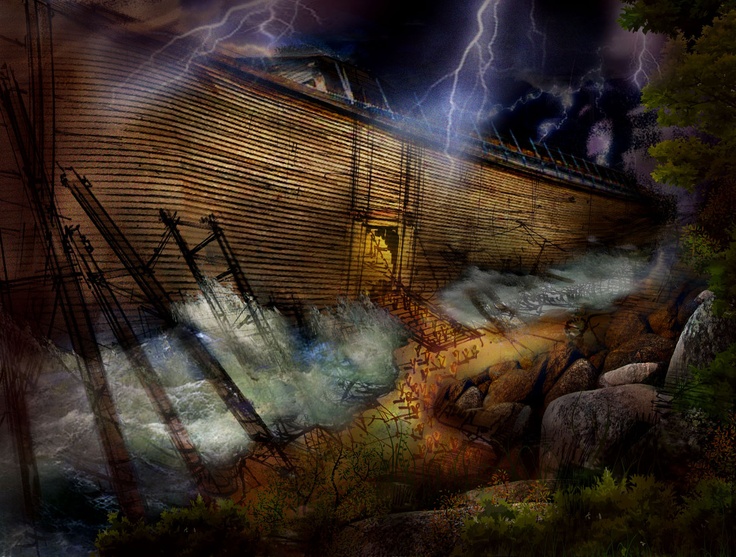 a painting of a boat on the water with lightning in the sky above it and rocks below