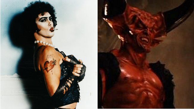 a woman wearing devil makeup next to an image of a man with horns on his head