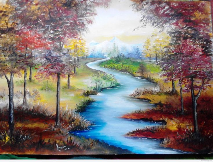 an oil painting of a river surrounded by trees