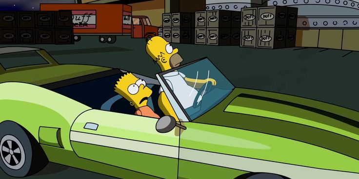 the simpsons car is driving down the road with his head out the window and another person in the back seat