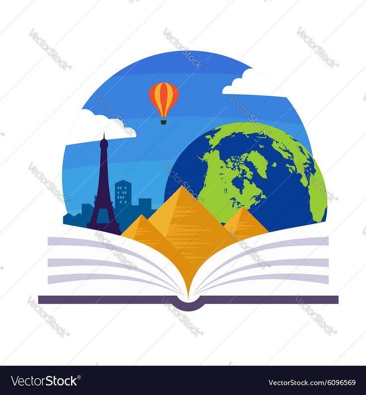 an open book with the image of the world and hot air balloon above it on a white