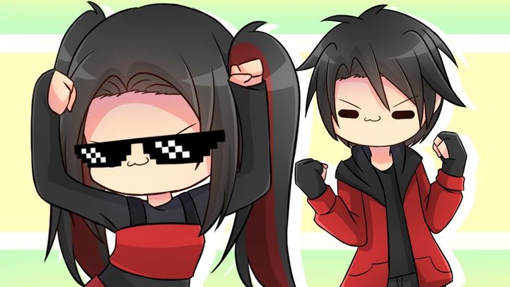 two anime characters with black hair and sunglasses on their faces, one is wearing a red jacket