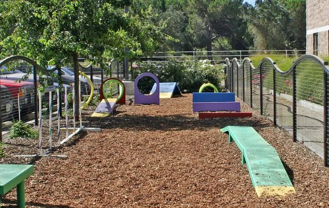 an outdoor play area with slides and climbing ropes