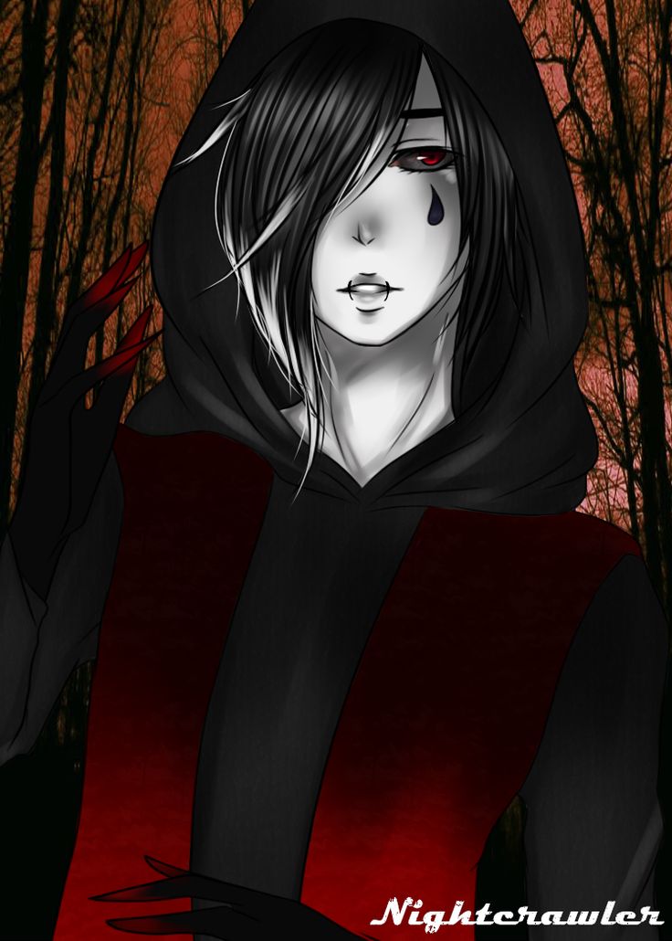 a woman with black hair and red eyes wearing a hoodie in front of trees