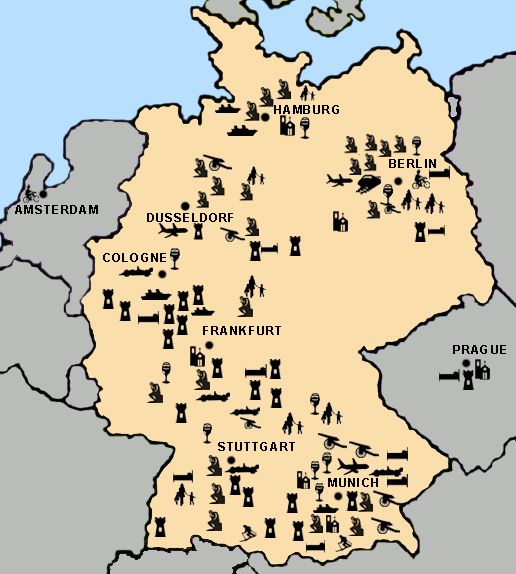 a map of germany with all the major cities and towns labeled in black on it