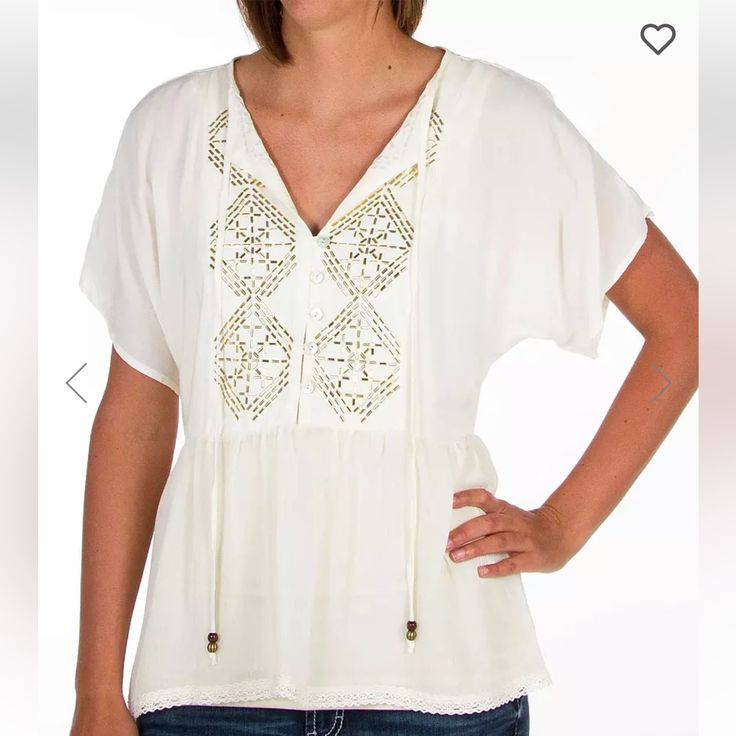 New With Tags! Jolt Pieced Henley Top -Size Large -Creamy White Color -Gold Beaded Detailing -Chiffon Hem Henley -Dolman Sleeves -Lace Trim Tags: Jolt, Henley, Top, Blouse, Beaded, Cream, White, Gold, Stud, Chiffon, Peplum, Tassel, Button, Flowy, Casual, Classic, Coastal Embellished Cream Tops For Spring, Embellished Cream Top For Summer, Casual Beaded Tops For Summer, Summer White Beaded Top, White Beaded Top For Summer, Casual Beaded Tops For The Beach, Casual Beaded Tops For Beach, Casual Beaded V-neck Tops, Beaded Tops For Spring Vacation