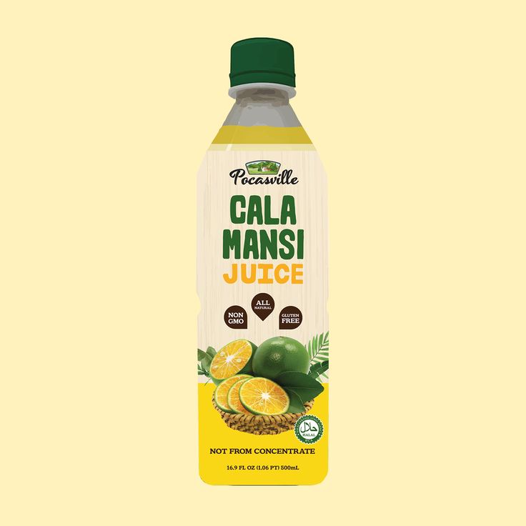 a bottle of juice is shown on a yellow background with the words, cala mansi juice