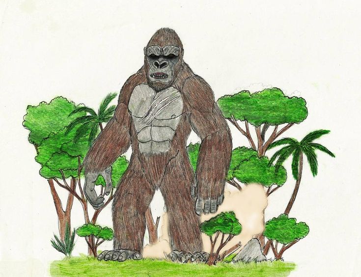 a drawing of a bigfoot standing in the middle of some trees and bushes,