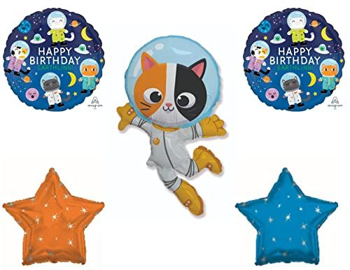 three foil balloons with cartoon characters and stars on the bottom, one has an astronaut cat balloon