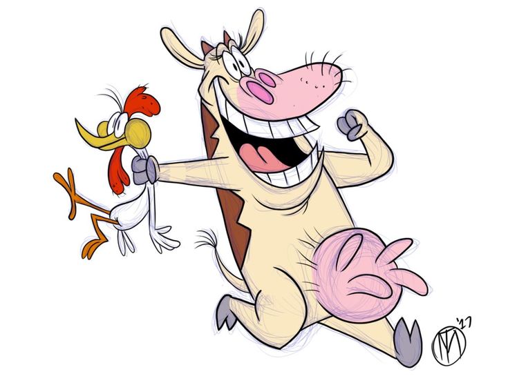 an image of a cartoon character running with two roosters on his back and one chicken in the air