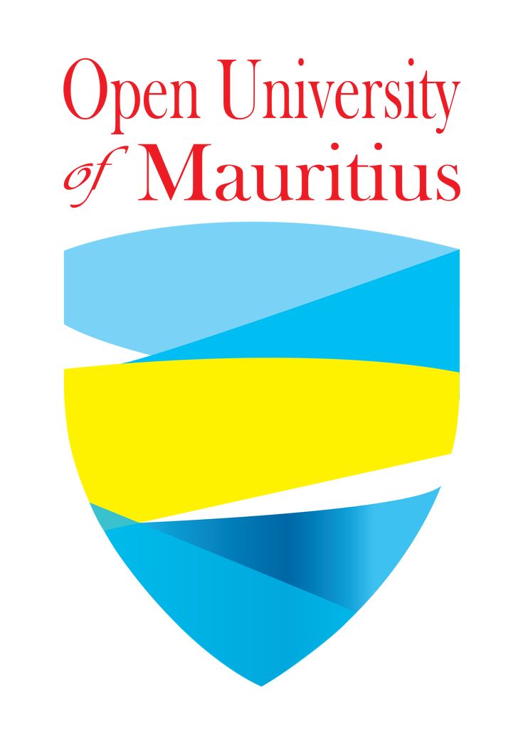 an open university of mauritus logo with blue and yellow stripes on the bottom