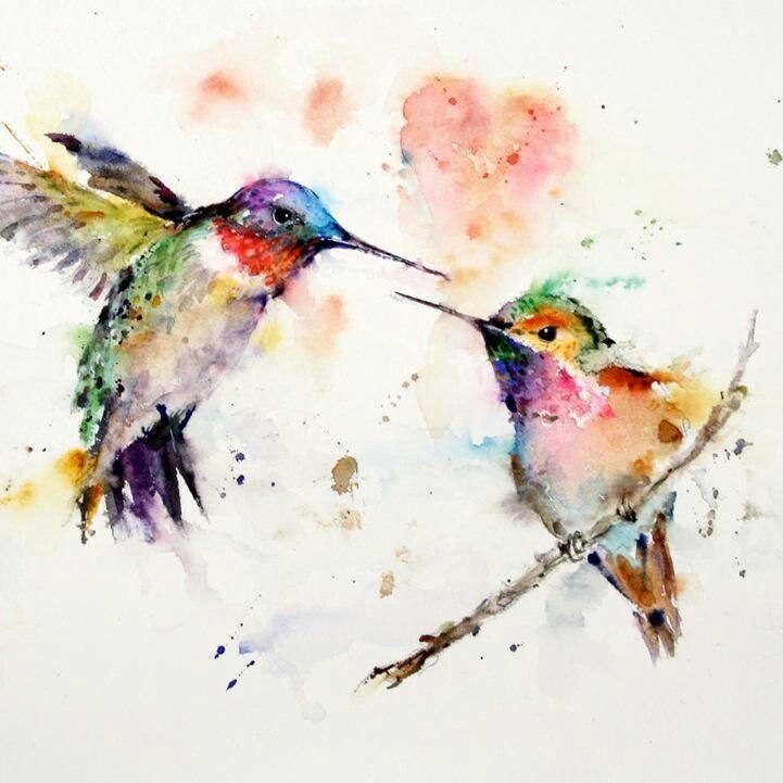 two colorful hummingbirds on a branch with watercolor paint splatters all over them