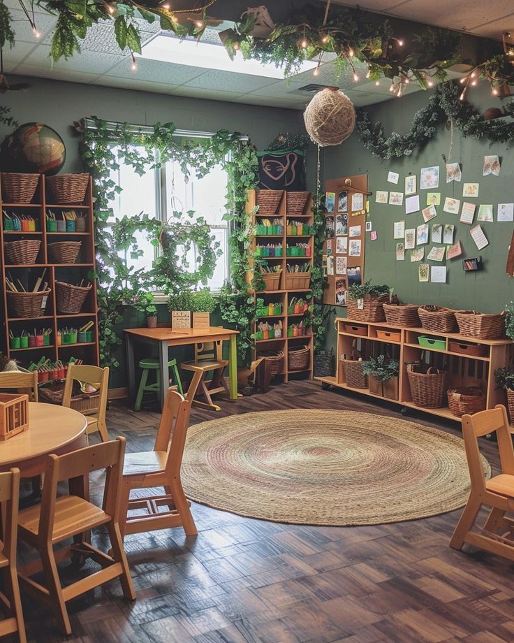 a room filled with lots of wooden furniture and plants