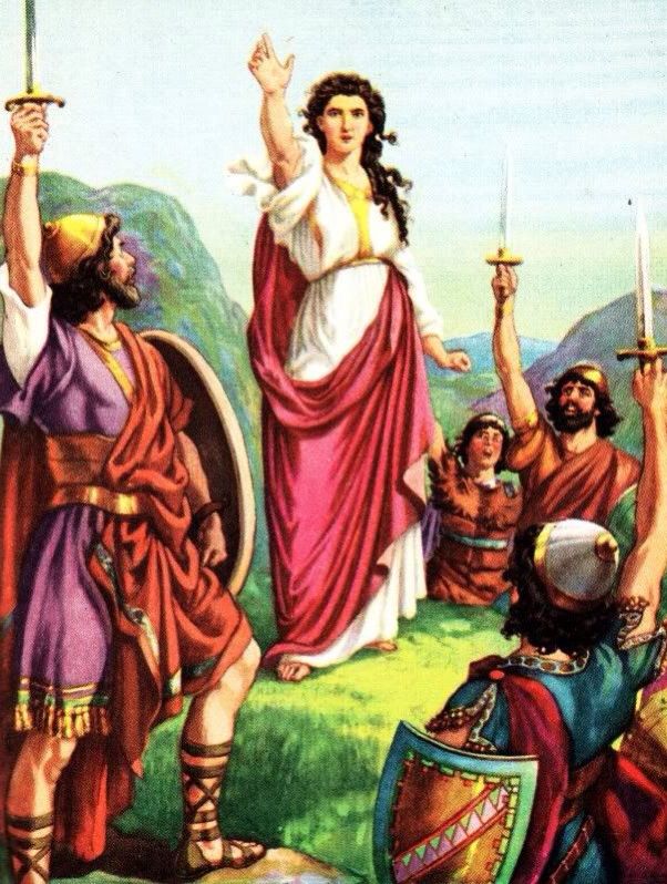 an image of a woman holding two swords in front of other people and one man