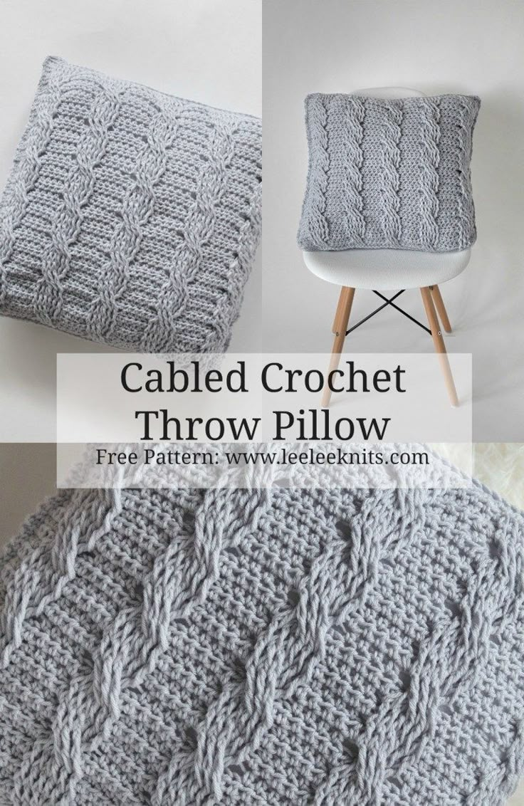 the cabled crochet throw pillow is shown in three different sizes and colors