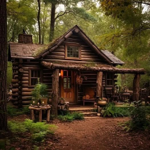 a small log cabin in the woods surrounded by trees