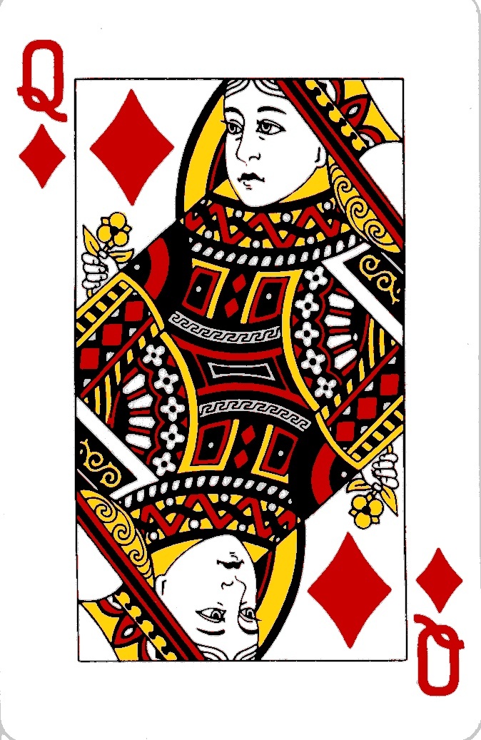 the queen of spades playing card on a white shower curtain with red and yellow accents