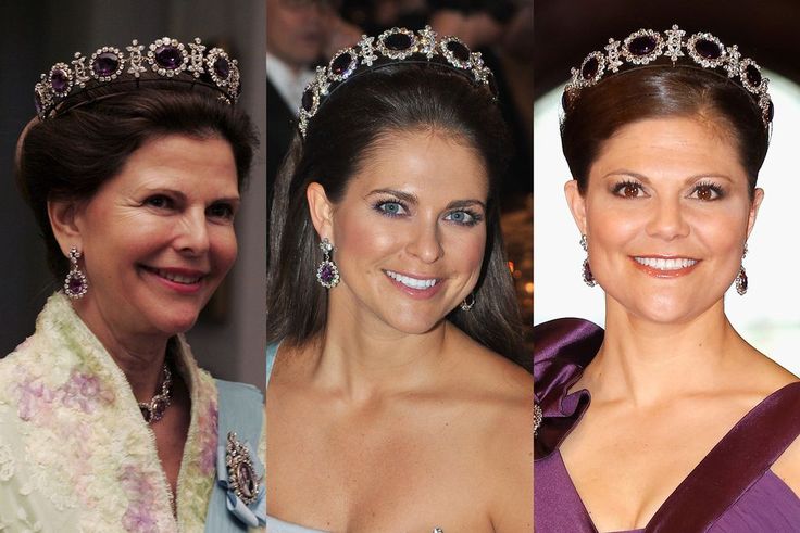 three women wearing tiaras and smiling at the camera, one in a purple dress