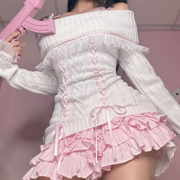 Just dropped, handmade & limited quantities 🎀🪞�🩰🦢🕯️25% off + free shipping until this fri ‧₊˚ full outfit available at our shop : -Cable Knit Ribbon Lace Up Handmade Sweater (White) -Ribbon Ruffle Coquette Bloomers + Garter (Pink) For the sweater: - Handmade, so there may be slight imperfections such as minor dropped stitches. ˖⁺‧₊˚♡˚₊‧⁺˖ - Not suitable for individuals with a large bust, as the lace trim on the upper bust area lacks stretchiness˖⁺‧₊˚♡˚₊‧⁺˖ Cute Wardrobe Ideas, Cute Lace Outfits, Cute Outfits Coquette, Cute Outfit With Skirt, Cute Skirts Outfits, Cute Pink Fits, Pink Women Outfits, Pink Clothes Outfits, Pretty Pink Outfits