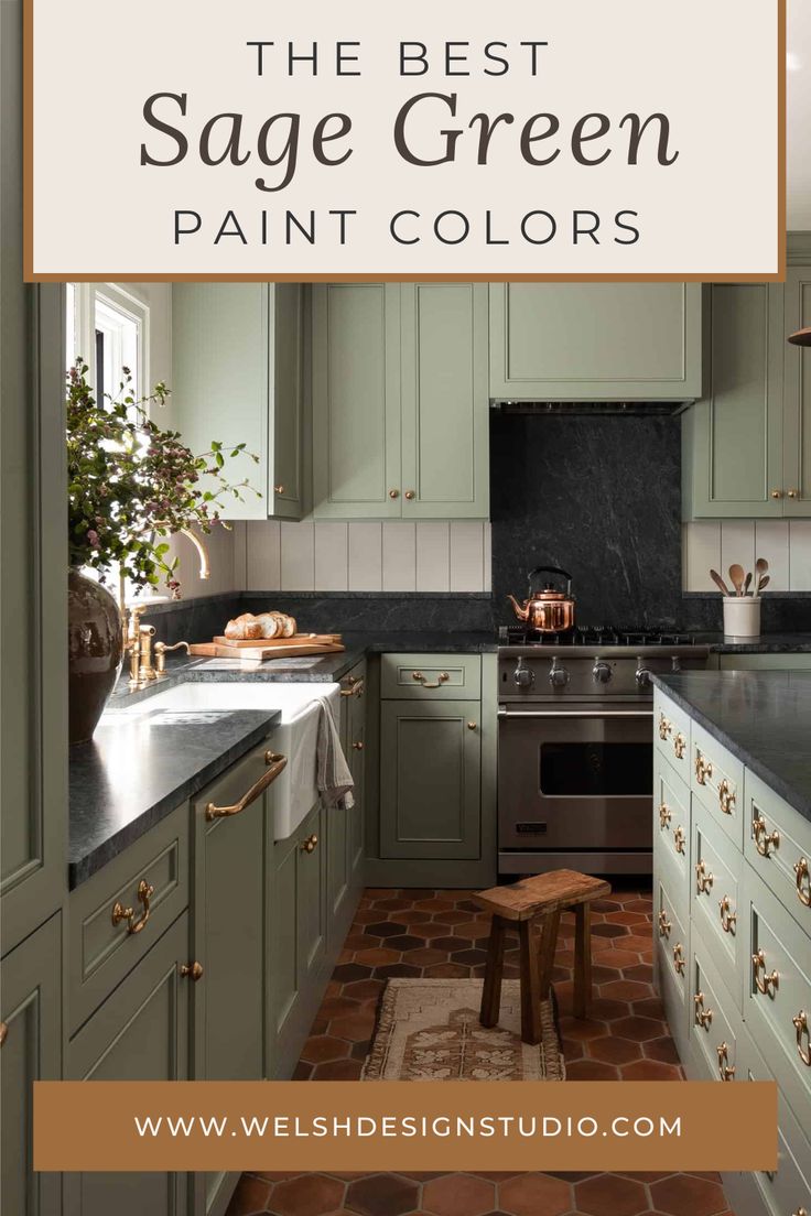 the best sage green paint colors for kitchen cabinets and countertops with text overlay