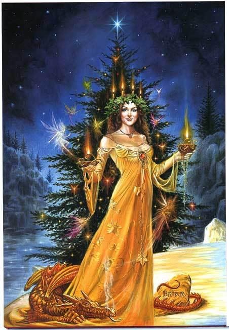 a woman in a yellow dress standing next to a christmas tree with decorations on it