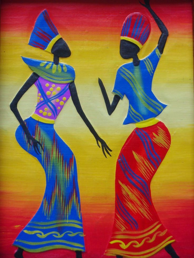 two african women in colorful dresses are dancing with their arms around each other, painted on wood