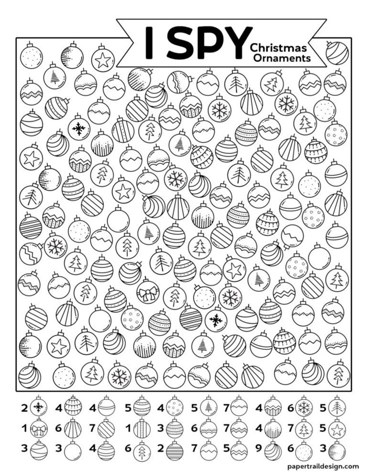 christmas ornaments coloring page with the words i spy