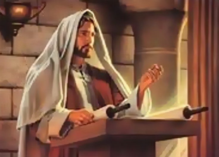 a painting of jesus sitting at a podium with his hands in the air and reading