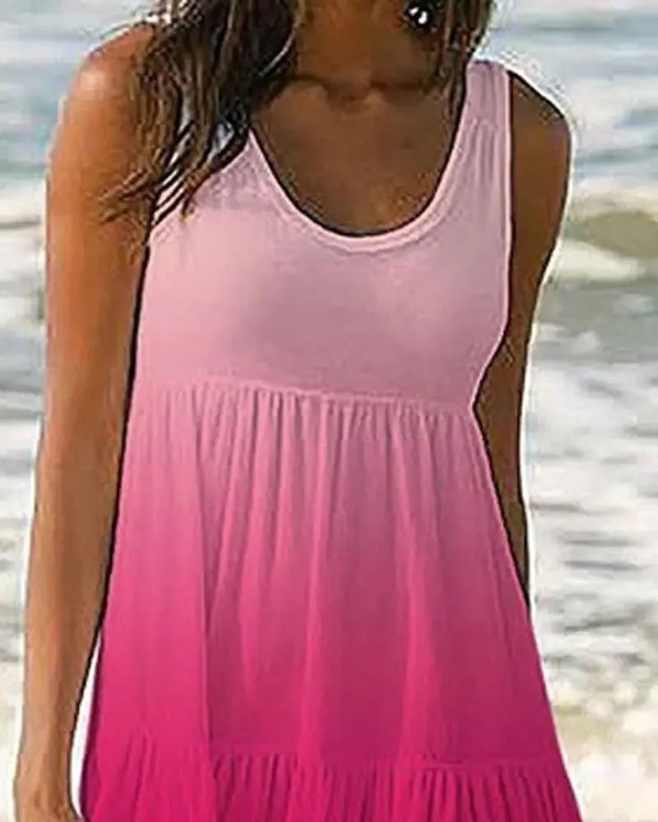 Lasaky - Ombre Ruffle Hem Sleeveless Swing Dress Pink Sleeveless Sundress For Summer, Sleeveless Ruffle Dress For Beach Season, Flowy Sleeveless Sundress For Beach Season, Pink Sleeveless Beach Dress, Summer Tank Dresses For Vacation, Chic Pink Sleeveless Beach Dress, Casual Pink Sleeveless Dress For Beach Season, Casual Pink Sleeveless Beach Dress, Casual Beach Vest Dress